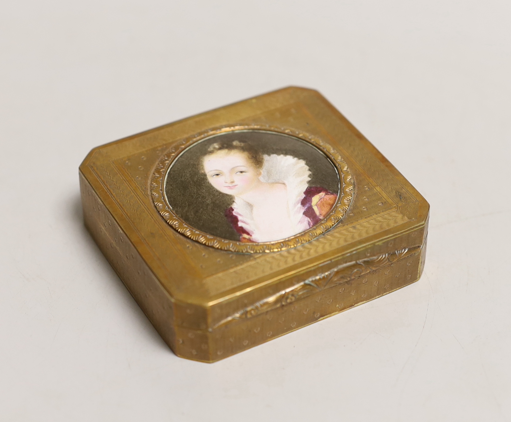 A late 19th century French gilt metal and enamel box, 8.5cm wide